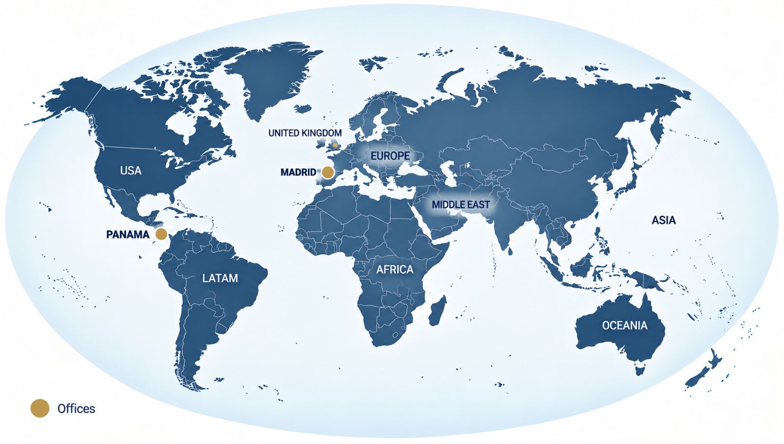 GMS corporate world map showing offices in Madrid and Panama